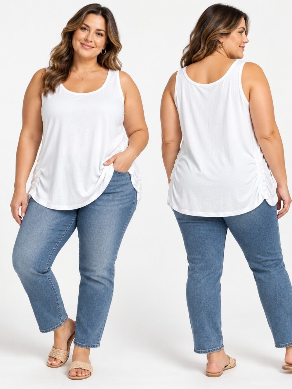 BloomChic Size 30 White Ruched Tank Top Coastal Casual Minimalist Everyday